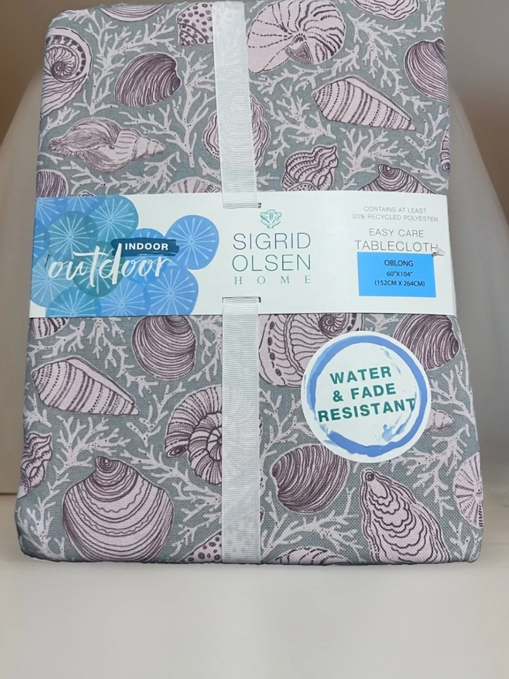 Sigrid Olsen 60x104 Oblong Tablecloth Blue Beige Shell Seashells Coral Outdoor